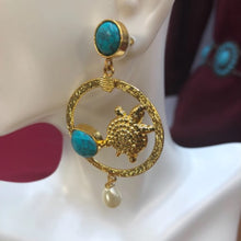 Load image into Gallery viewer, Golden Dangle Turquoise Stone Earrings