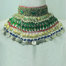 Load image into Gallery viewer, Green Glass Stone Ethnic Necklace With Coins