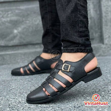 Load image into Gallery viewer, Men's Black Genuine Leather Fisherman Sandals
