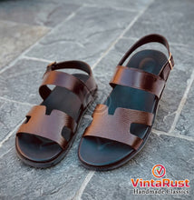 Load image into Gallery viewer, Men's Dark Brown Leather Slingback Sandals