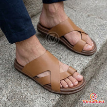 Load image into Gallery viewer, Men's Handmade Tan Leather Cross Strap Slippers