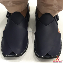 Load image into Gallery viewer, Handmade Blue Wide Round Peshawari Men's Chappal