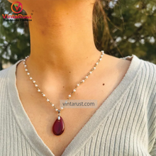 Load image into Gallery viewer, Handmade Necklace with Agate Stone Teardrop Pendant on Pearl Chain