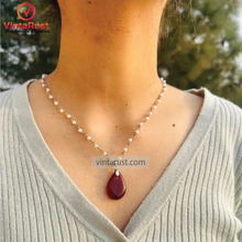 Load image into Gallery viewer, Handmade Necklace with Agate Stone Teardrop Pendant on Pearl Chain