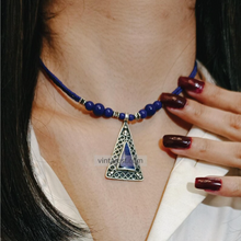 Load image into Gallery viewer, Lapis Beaded Chain Necklace Silver Triangle Pendant with Gemstone Ring