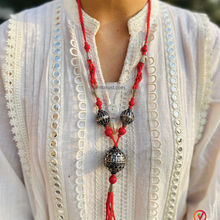 Load image into Gallery viewer, Handmade Red Beaded Necklace with Tribal Tassel Pendant