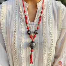 Load image into Gallery viewer, Handmade Red Beaded Necklace with Tribal Tassel Pendant