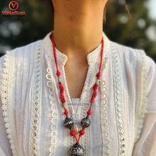 Load image into Gallery viewer, Handmade Red Beaded Necklace with Tribal Tassel Pendant