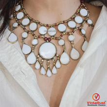 Load image into Gallery viewer, White Tribal Stone Bib Necklace, White Stone Antique Necklace