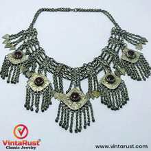Load image into Gallery viewer, Antique Silver Kuchi Bib Necklace With Dangling Five Pendants