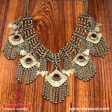 Load image into Gallery viewer, Antique Silver Kuchi Bib Necklace With Dangling Five Pendants