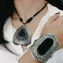 Load image into Gallery viewer, Black Gemstone Necklace With Coral And Turquoise Beads with Cuff Bracelet
