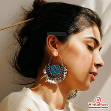 Load image into Gallery viewer, Tribal Light Weight Blue and Silver Hoop Style Earrings
