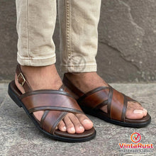 Load image into Gallery viewer, Men’s Brown Leather Cross-Strap Sandals