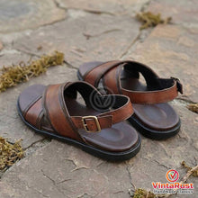 Load image into Gallery viewer, Men’s Brown Leather Cross-Strap Sandals
