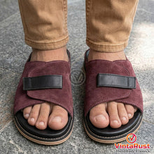 Load image into Gallery viewer, Men’s Burgundy Suede Leather Slide Sandals