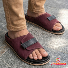 Load image into Gallery viewer, Men’s Burgundy Suede Leather Slide Sandals