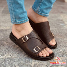 Load image into Gallery viewer, Men's Brown Leather Double Buckle Slide Sandals