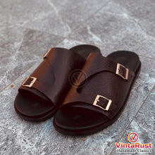 Load image into Gallery viewer, Men's Brown Leather Double Buckle Slide Sandals