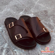 Load image into Gallery viewer, Men's Brown Leather Double Buckle Slide Sandals