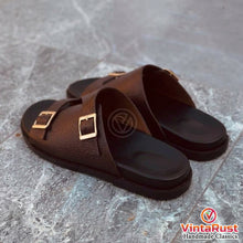 Load image into Gallery viewer, Men's Brown Leather Double Buckle Slide Sandals
