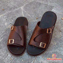 Load image into Gallery viewer, Men's Brown Leather Double Buckle Slide Sandals