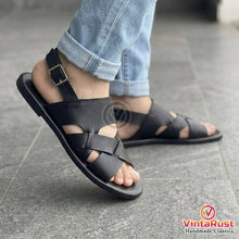 Load image into Gallery viewer, Men's Handcrafted Black Leather Gladiator Sandals