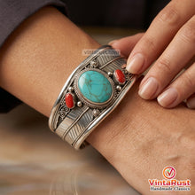 Load image into Gallery viewer, Native American Turquoise Coral Silver Cuff