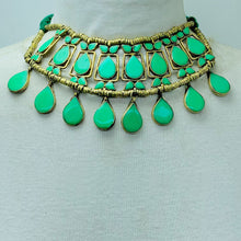 Load image into Gallery viewer, Tribal Green Stone Choker Necklace With Earrings