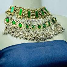 Load image into Gallery viewer, Unique Green Glass Stones and Bells Necklace