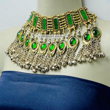 Load image into Gallery viewer, Unique Green Glass Stones and Bells Necklace