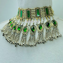 Load image into Gallery viewer, Unique Green Glass Stones and Bells Necklace