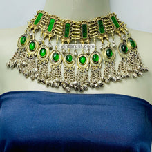 Load image into Gallery viewer, Unique Green Glass Stones and Bells Necklace