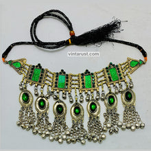 Load image into Gallery viewer, Vintage Green Choker Necklace With Dangling Bells