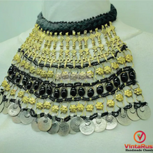 Load image into Gallery viewer, Vintage Massive Black Choker Necklace With Glass Stones and Coins