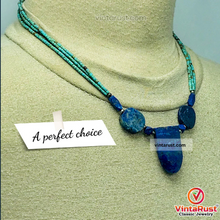 Load image into Gallery viewer, Lapis Stone Necklace With Turquoise Beaded Chain