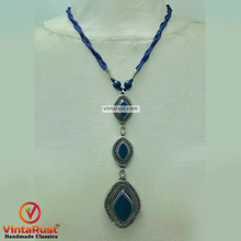 Load image into Gallery viewer, Lapis Statement Necklace with Antique Silver Pendants