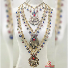 Load image into Gallery viewer, Long Layered Tribal Necklace with Coins & Stones