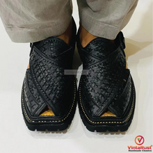 Load image into Gallery viewer, Black Men Peshawari Chappal Stylish Unique Design Woven Gents Sandals