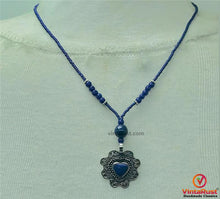 Load image into Gallery viewer, Lapis Beaded Necklace with Silver Heart Pendant