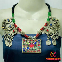 Load image into Gallery viewer, Green and Red Beaded Necklace With Vintage Coins