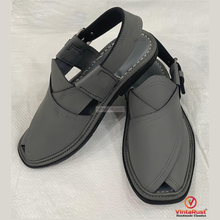 Load image into Gallery viewer, Handmade Dark Grey Leather Peshawari Chappal