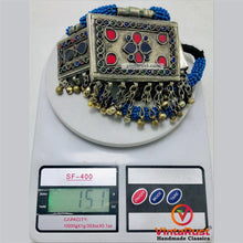 Load image into Gallery viewer, Tribal Blue Beaded Necklace With Dangling Pendant