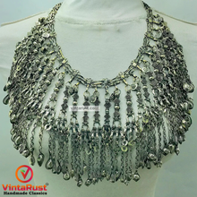 Load image into Gallery viewer, Silver Kuchi Oversized Dangling Tassels Bib Necklace
