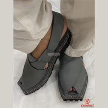 Load image into Gallery viewer, Classic Grey Leather Peshawari Chappal: Traditional & Trendy Footwear Gift