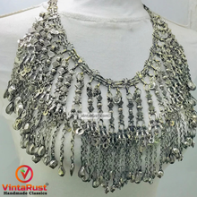 Load image into Gallery viewer, Silver Kuchi Oversized Dangling Tassels Bib Necklace