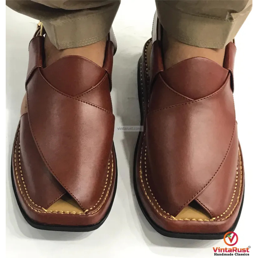 Traditional Men's Leather Peshawari Kaptaan Chappal – Vintarust