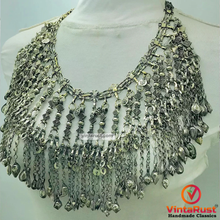 Load image into Gallery viewer, Silver Kuchi Oversized Dangling Tassels Bib Necklace