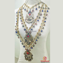 Load image into Gallery viewer, Long Layered Tribal Necklace with Coins & Stones