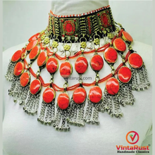 Load image into Gallery viewer, Bohemian Red Coral Stone Kuchi Necklace: Tribal Gypsy Belly Dance Choker